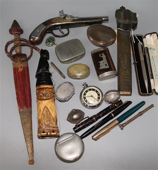 Mixed collectables, inc. snuff boxes, silver Yard-o-Led pencil, pistol lighter, trinket boxes, scribes set, etc.